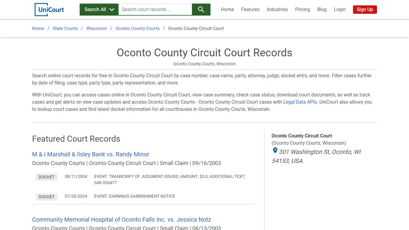 Oconto County Circuit Court Records | Oconto | UniCourt