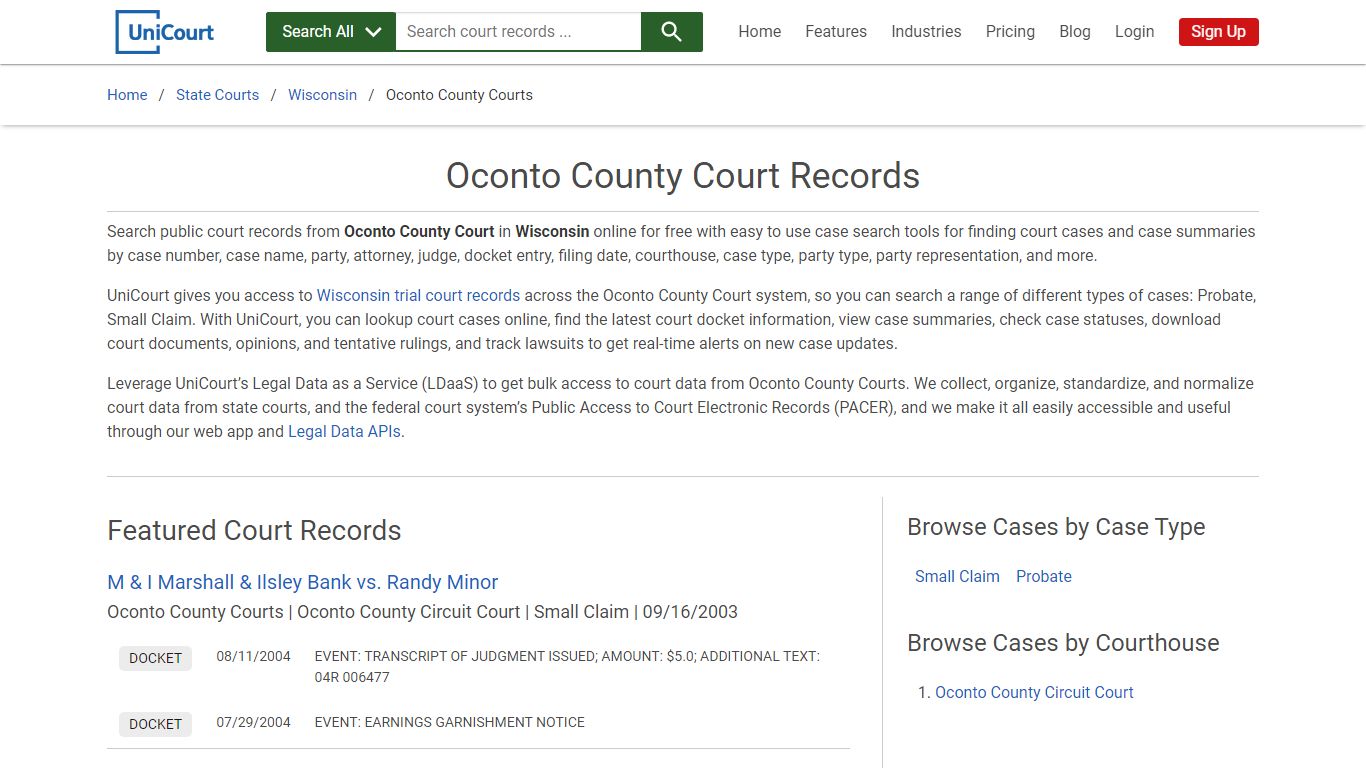 Oconto County Court Records | Wisconsin | UniCourt