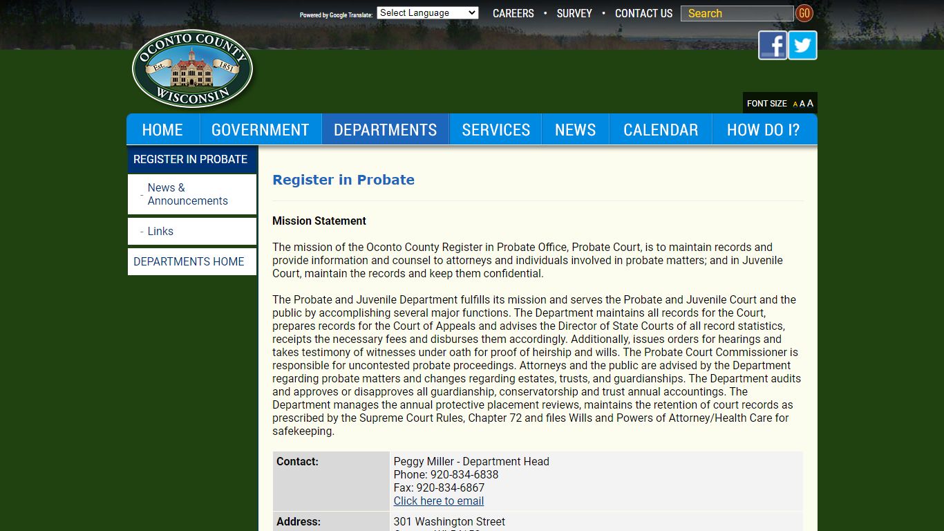 Oconto County » Departments » Register in Probate » General Information
